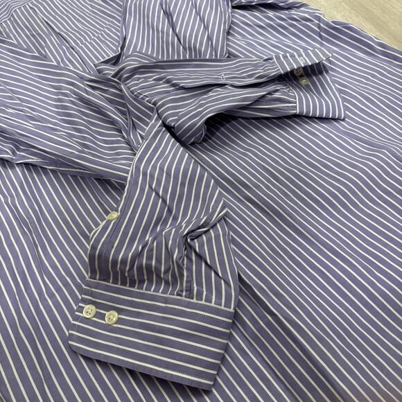 Ralph Lauren Polo Men Long Sleeve Blue Stripe L Classic Fit Button Up Brown Pony - Picture 9 of 9